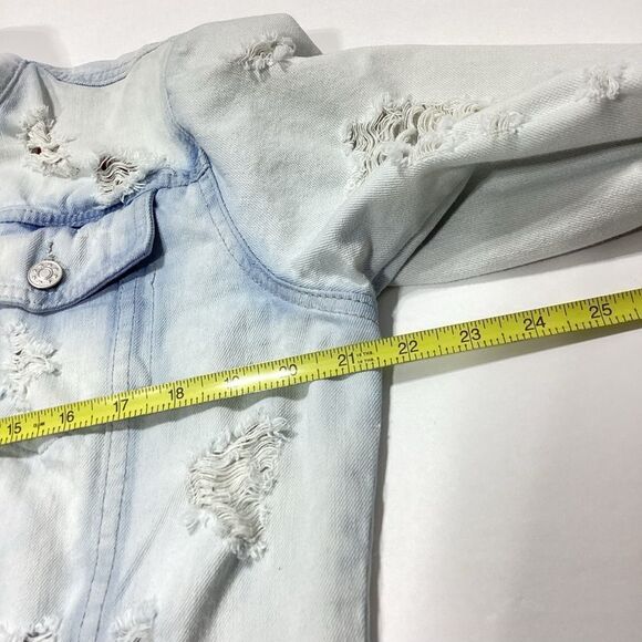 Emory Park Patch Work Rose Troublemaker Distressed Jean Denim Jacket Shacket - Picture 14 of 16